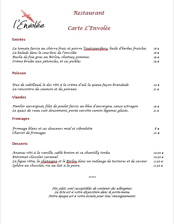 Carte automne 2026 V2 Carte printemps été du restaurant gastronomique de l'Envolée