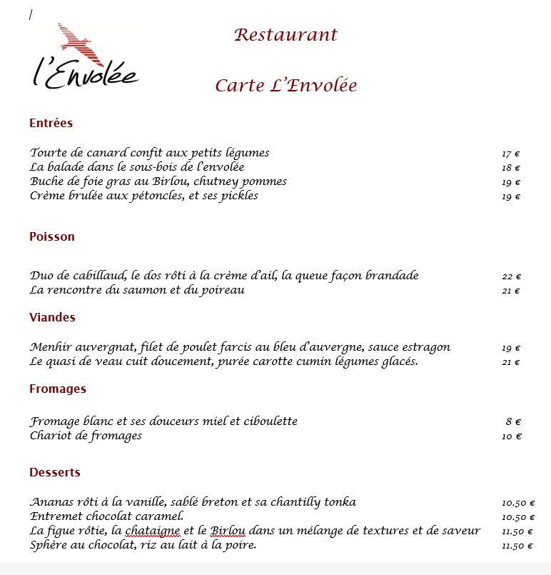Carte printemps été du restaurant gastronomique de l'Envolée